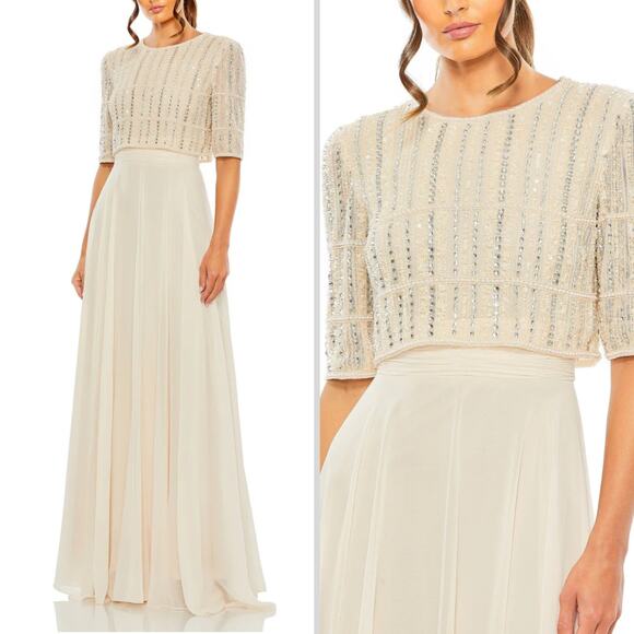 NWT Mac Duggal Dress Gown Beaded Sequin Ruffle Maxi Long Beige Nude Tan Chiffon - Picture 1 of 16